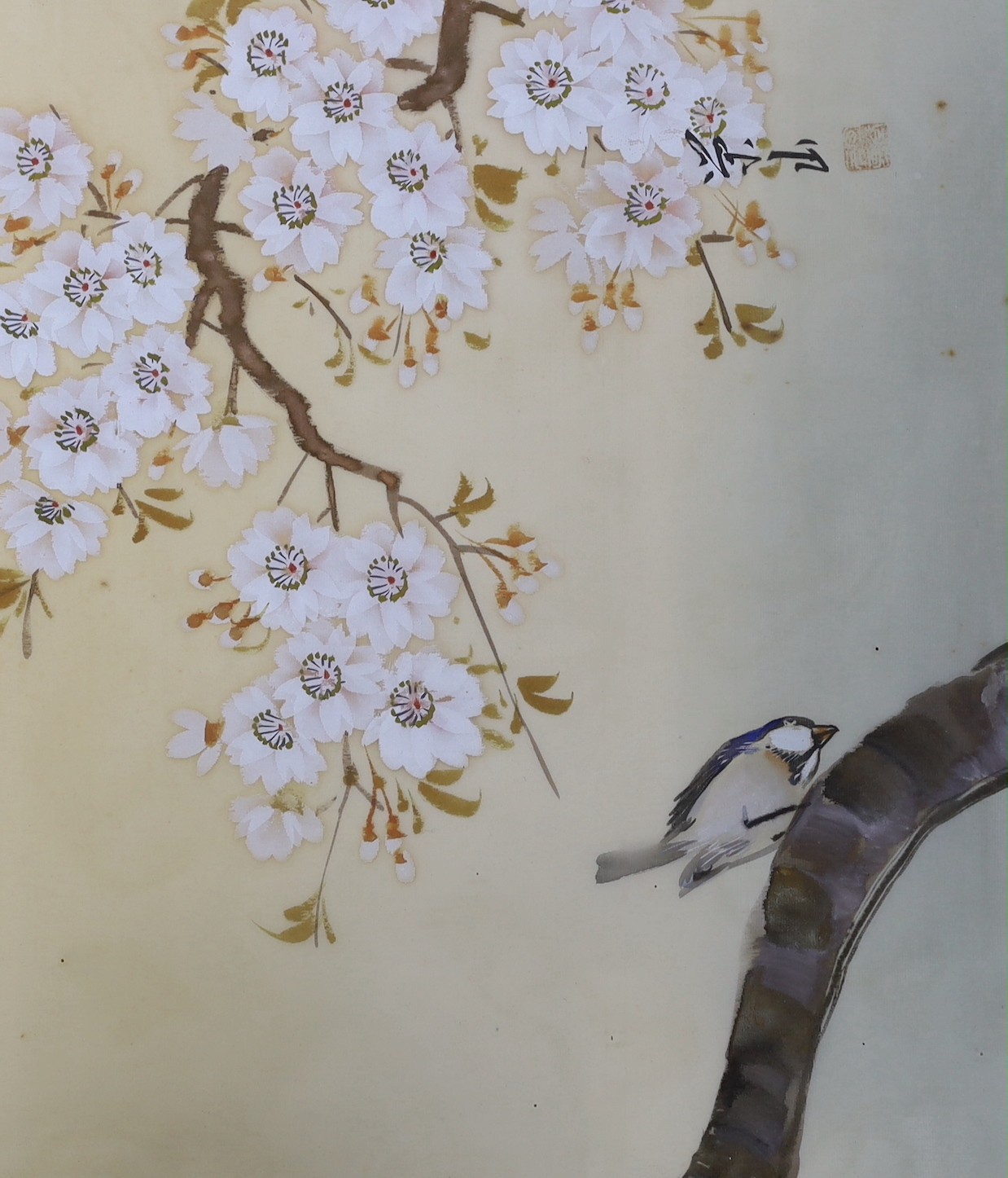 Chinese School, gouache on silk, Blossom and bird on a branch, signed, 40 x 35cm